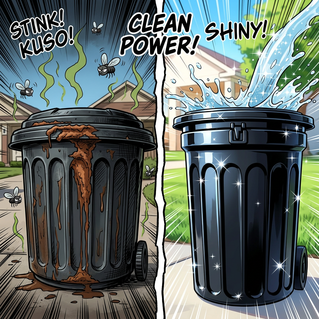 Before and after a trash bin cleaning by P&L Clean Bin